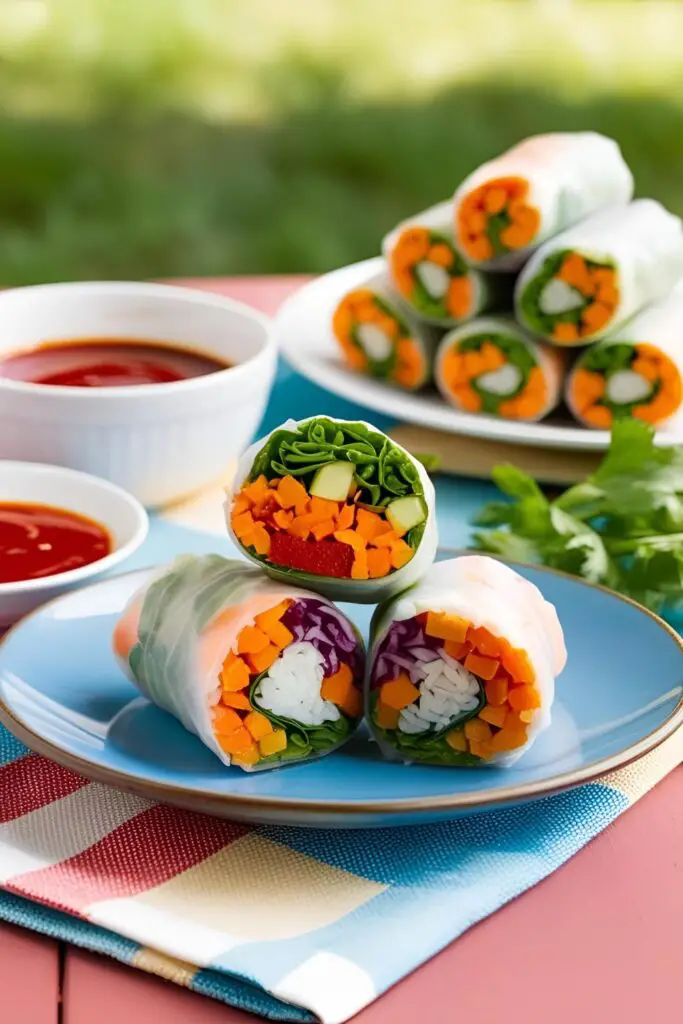 Rainbow veggie spring rolls cut in half showing colorful veggies, served with peanut sauce.