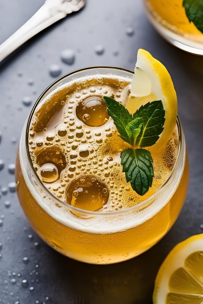 Close-up of a frothy glass of rapid kvass with bubbles rising to the top.
