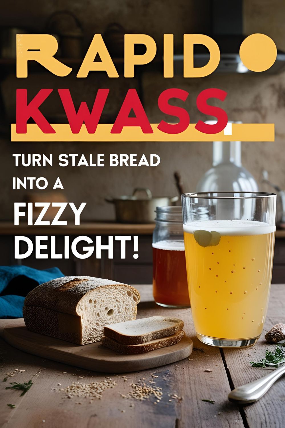 Glass of homemade rapid kvass with lemon garnish on a rustic table.