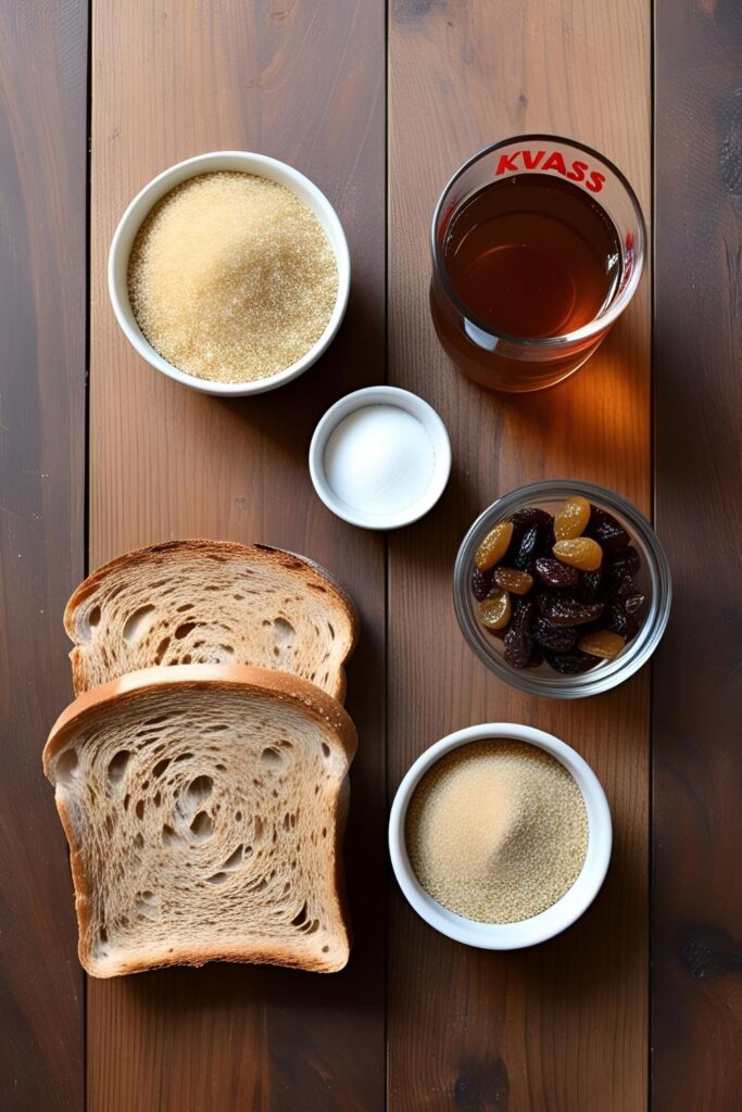 Ingredients for rapid kvass laid out on a kitchen counter.