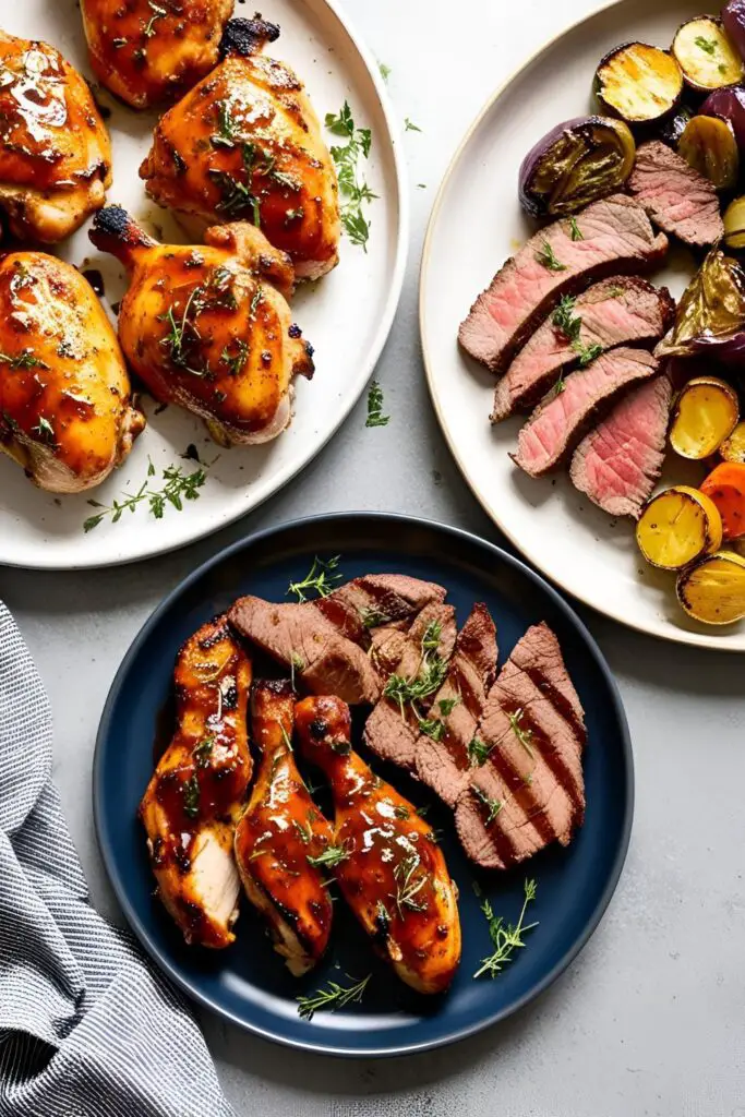 Sliced steak marinated in Rooibos, served with roasted vegetables on a platter.