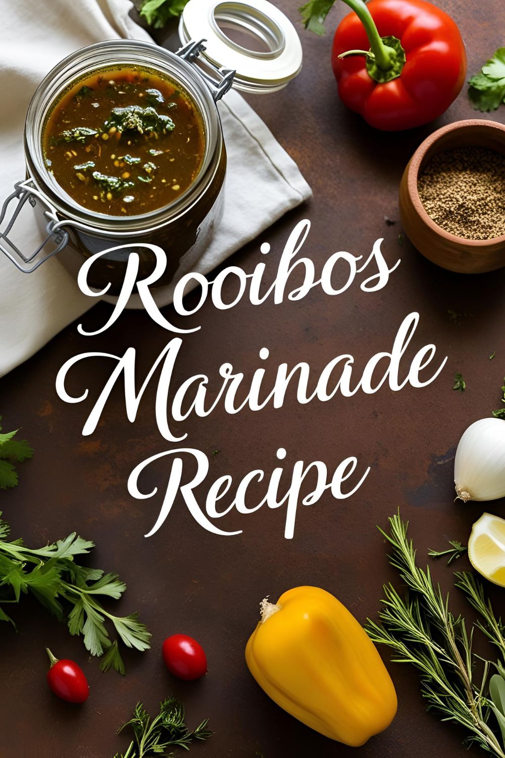A jar of Rooibos marinade surrounded by fresh ingredients on a rustic wooden table.