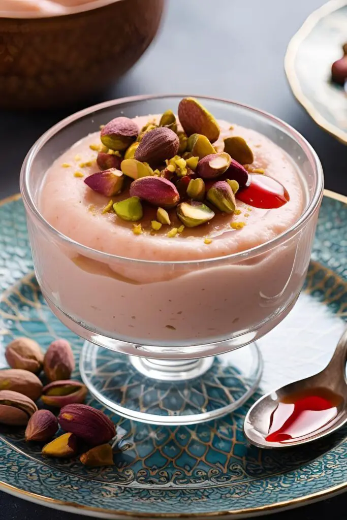 Close-up of rosewater pudding in a glass ramekin, topped with pistachios and syrup."