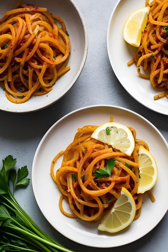 Lemon-garlic rutabaga noodles topped with parsley and lemon slices.
