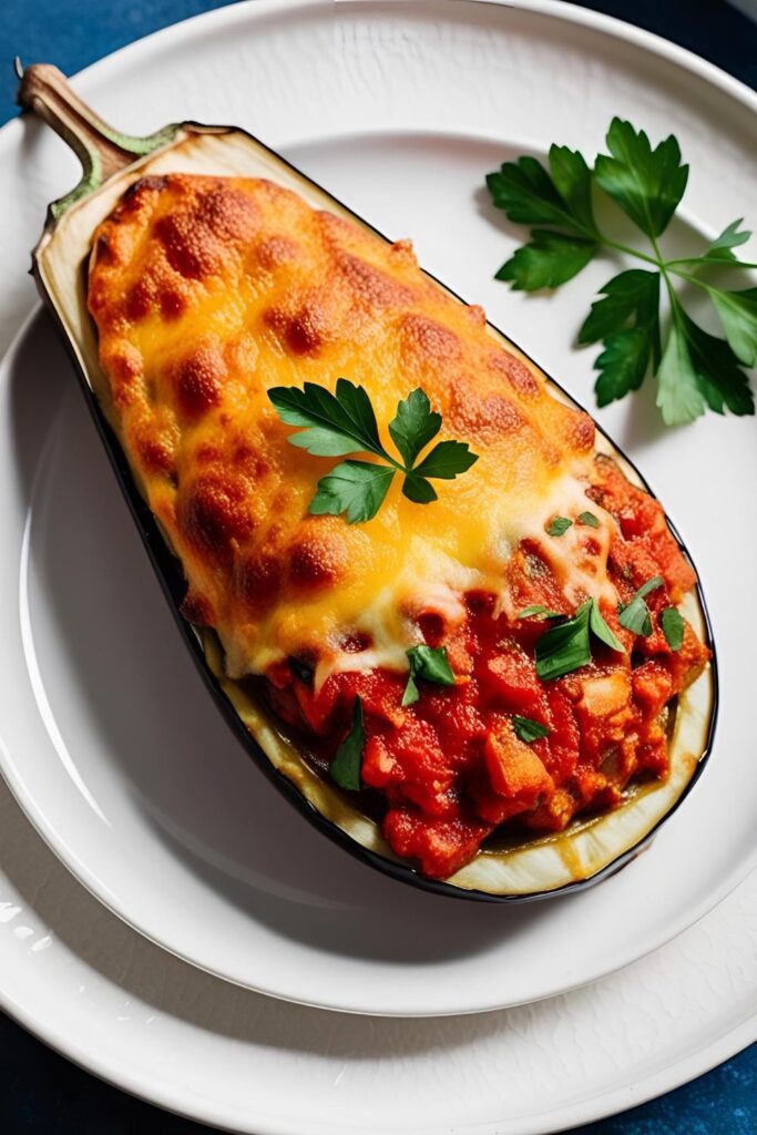 "Golden-baked stuffed eggplant filled with seasoned meat and rice, topped with melted mozzarella and Parmesan, served hot on a white plate with a parsley garnish."