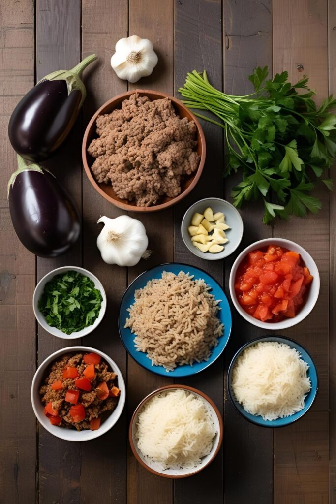 "Close-up of a stuffed eggplant half on a plate, showcasing the golden-brown cheese topping and savory filling.