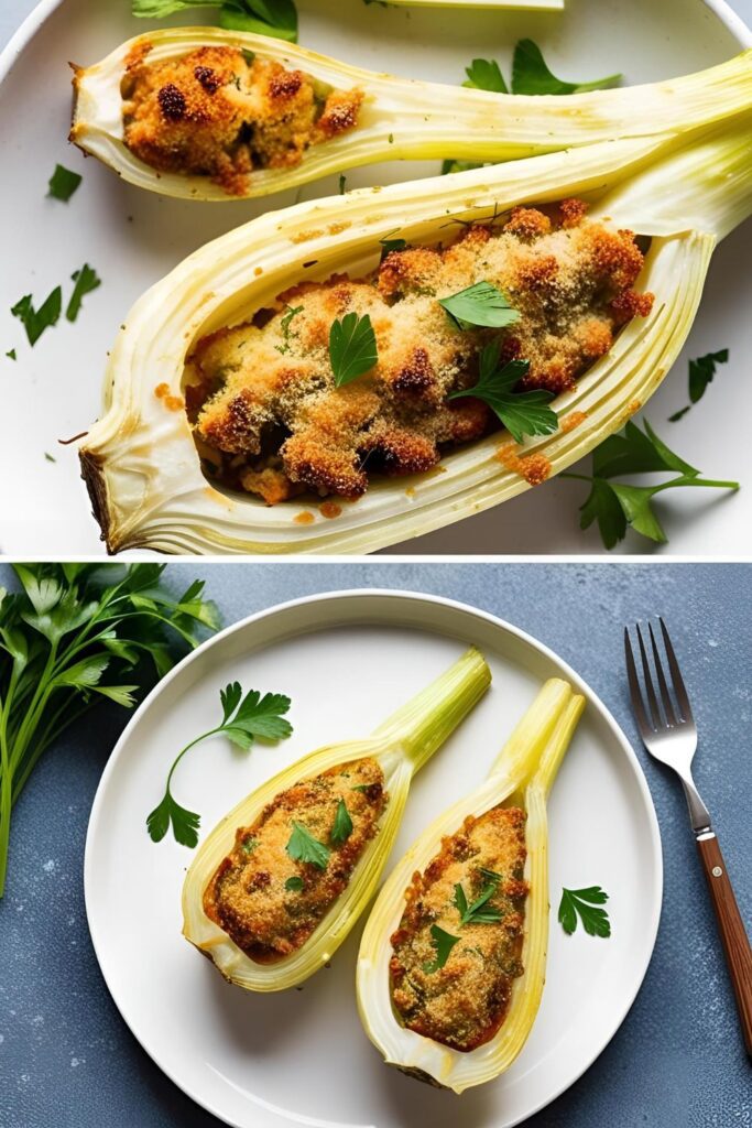 Stuffed fennel served on a rustic plate, accompanied by a side salad.