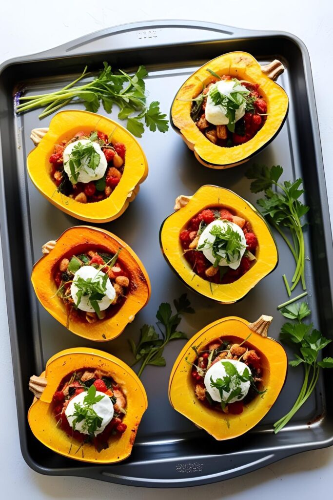A wholesome stuffed squash half filled with quinoa and colorful vegetables, garnished with fresh herbs.