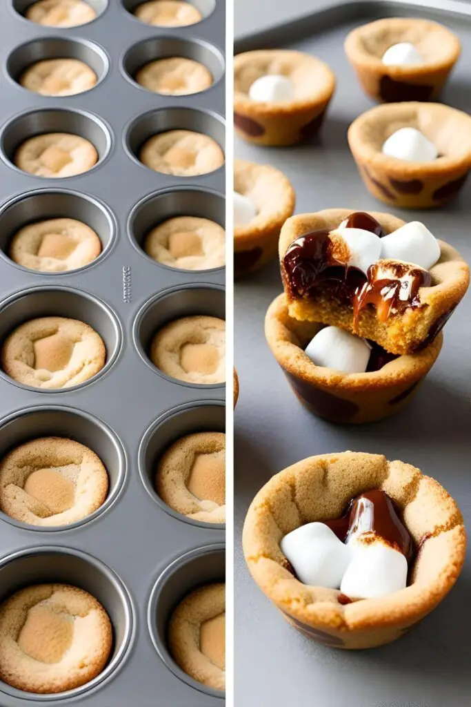 Overhead shot of freshly baked S’mores Cookie Cups in a mini muffin pan, with gooey marshmallows and melted chocolate centers.