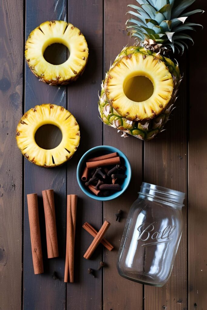 A clear glass jar filled with pineapple peels and brown sugar mixture in water, covered with a cloth and rubber band, sitting on a countertop to naturally ferment.