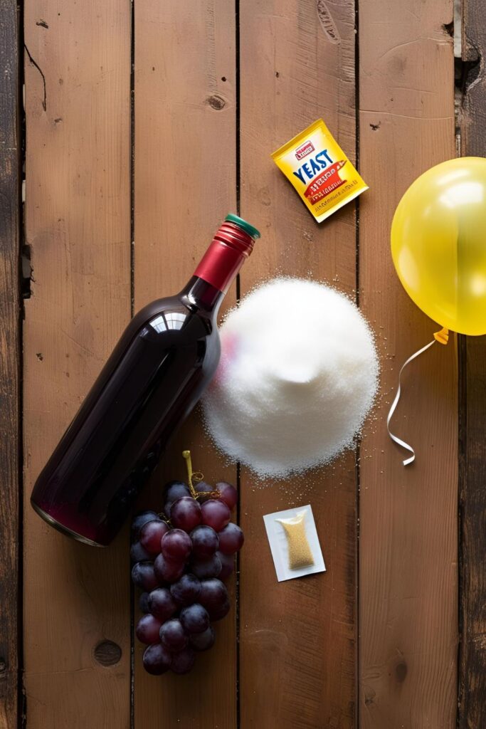 Ingredients laid out for making Speedy Wine: grape juice, sugar, yeast, and a balloon.