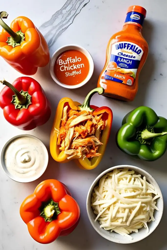Colorful stuffed peppers oozing with spicy Buffalo chicken and melted cheese, ready to steal the dinner spotlight.