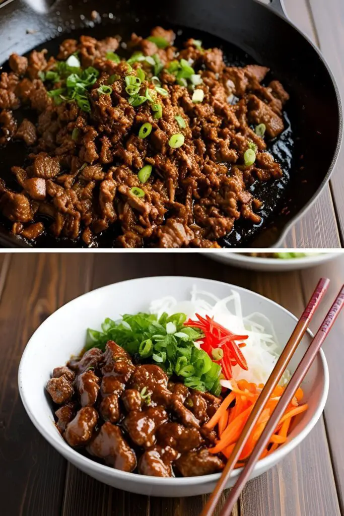 A beautifully arranged bowl of Spicy Korean Beef with assorted toppings.
