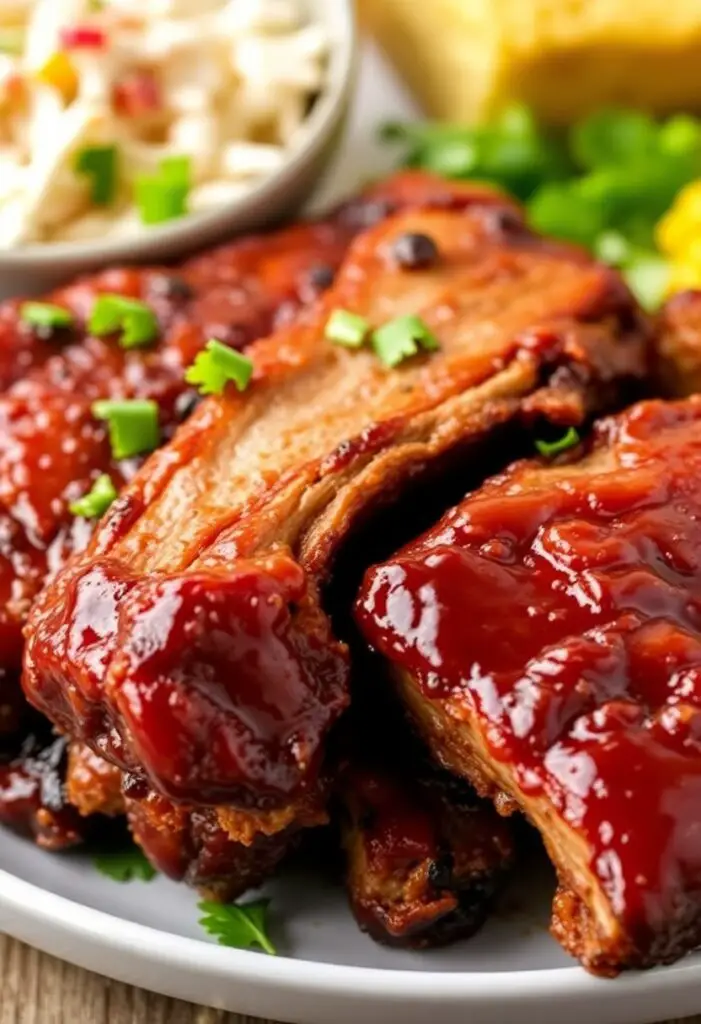 Plated Coca-Cola ribs with side dishes on a wooden table.