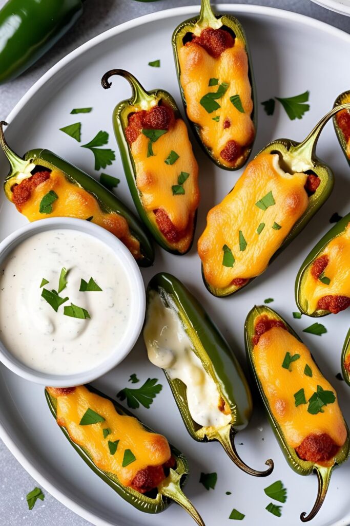 Plate of golden-brown stuffed jalapeños garnished with herbs.