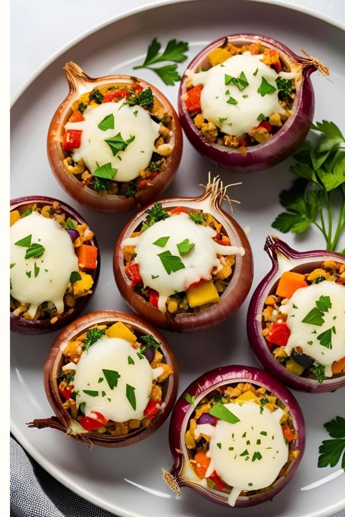  A platter of stuffed onions garnished with parsley, ready to serve.