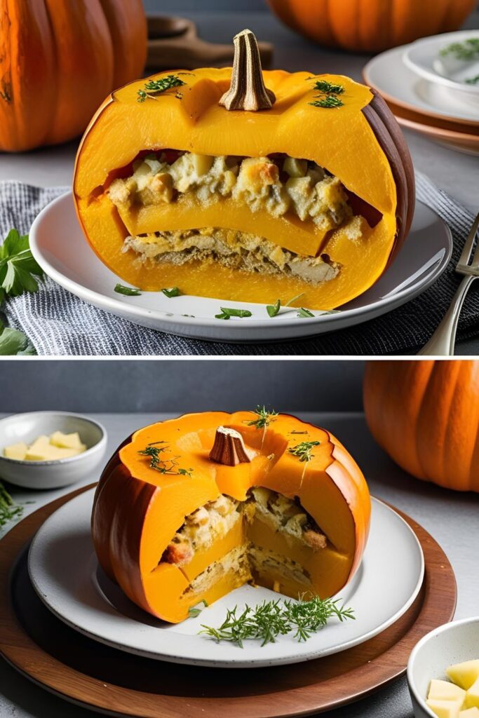  Whole roasted stuffed pumpkin garnished with herbs, ready to serve as a stunning fall centerpiece.