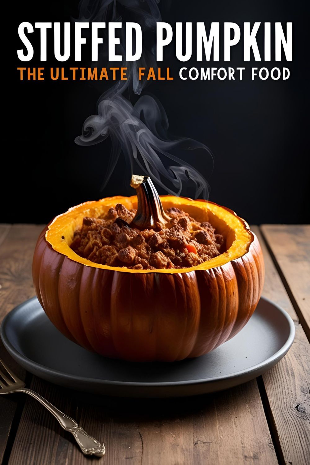 A beautifully baked stuffed pumpkin filled with sausage, cheese, and herbs, perfect for a cozy fall dinner.