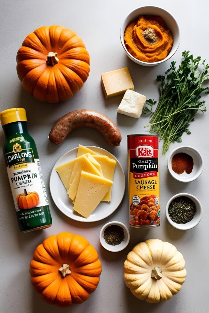 Close-up of a sliced stuffed pumpkin revealing a hearty filling of sausage, cheese, and herbs.