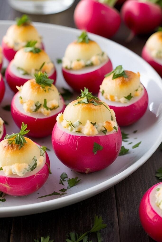  A plate of stuffed radishes with herb goat cheese filling, ready to serve.