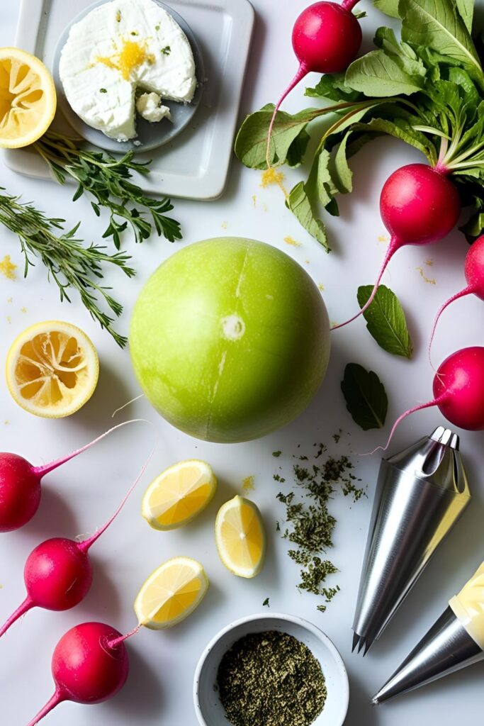  Close-up of creamy stuffed radishes garnished with fresh herbs.