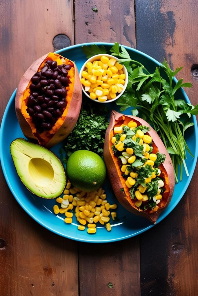 Close-up of a spicy stuffed sweet potato garnished with jalapeños and vegan cheese.