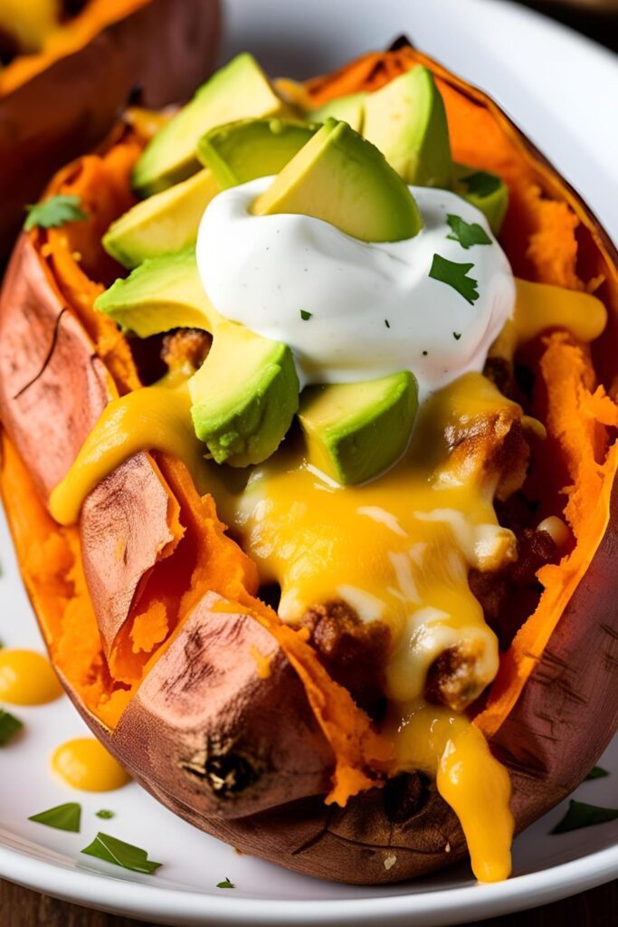 A vegetarian stuffed sweet potato filled with black beans, corn, and topped with avocado slices.