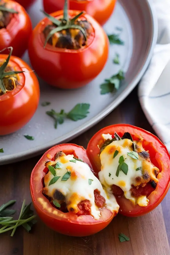 "Close-up view of a juicy stuffed tomato sliced in half, revealing a golden breadcrumb and herb filling with melted cheese, served on a ceramic plate with fresh basil garnish."