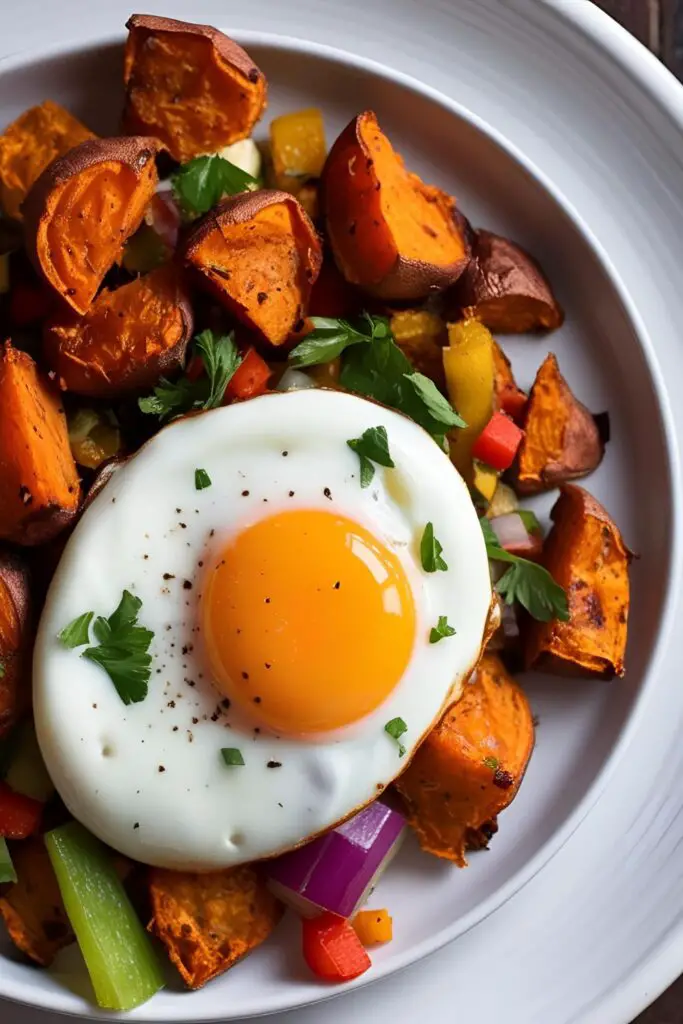 Side view of a serving of sweet potato breakfast hash in a cast-iron skillet, showcasing the crispy edges and vibrant ingredients.