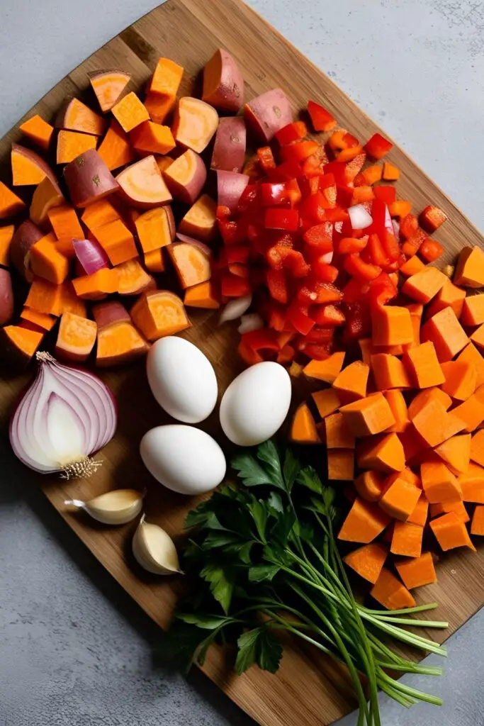 Close-up of sweet potato breakfast hash served on a plate, highlighting the colorful vegetables and runny egg yolk.