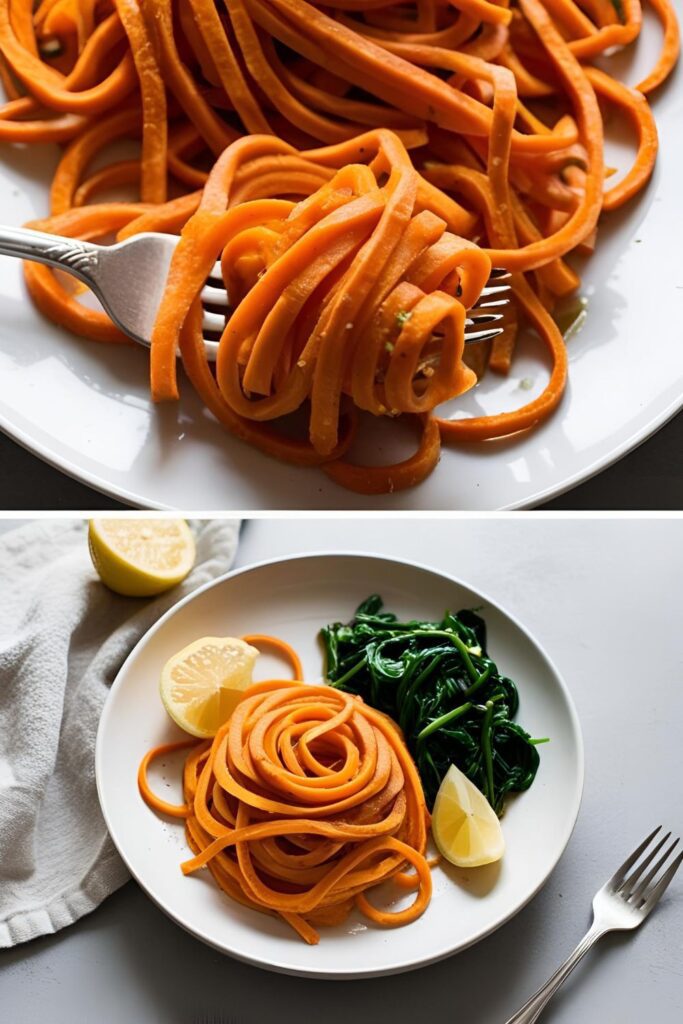 A close-up of sweet potato noodles twirled around a fork, showcasing their texture.