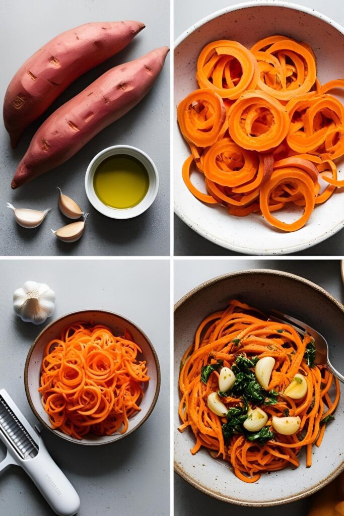 Spiralized sweet potato noodles served with sautéed greens on a white plate