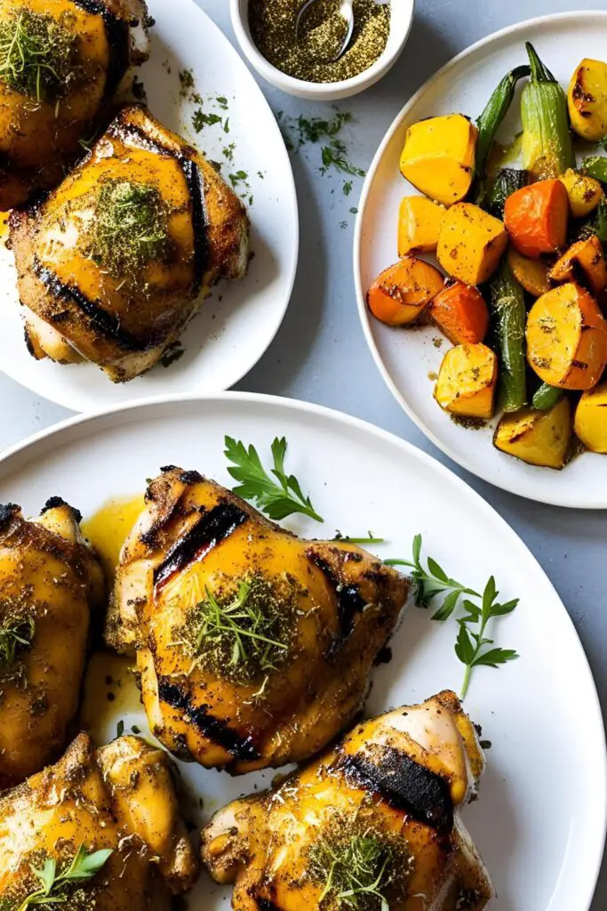 "Close-up of grilled chicken seasoned with honeybush rub on a white plate."