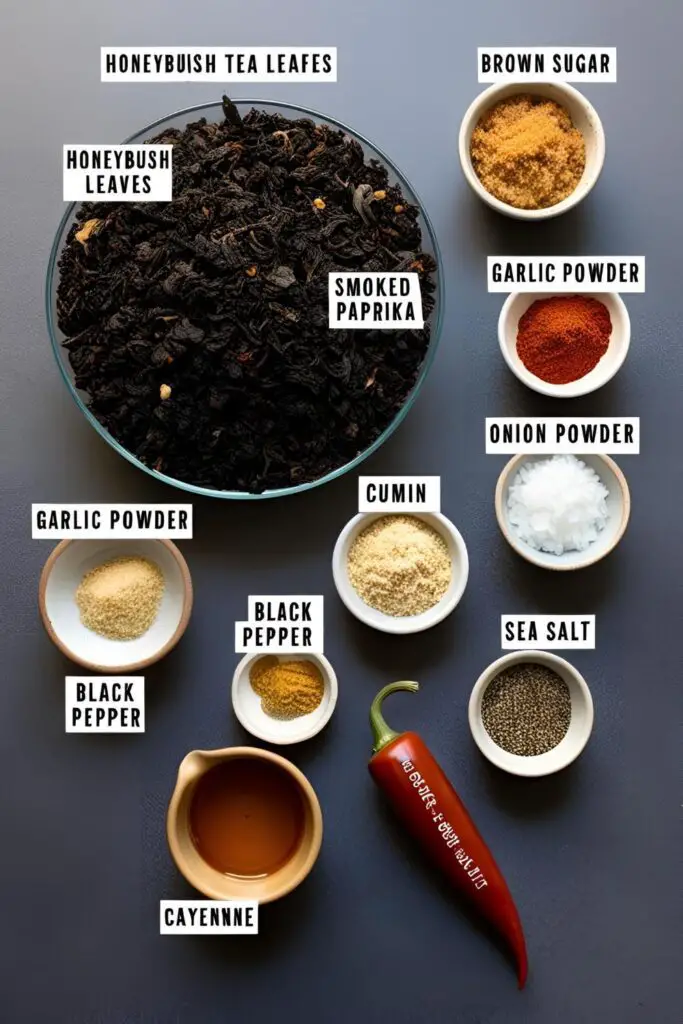 "A bowl of homemade honeybush rub surrounded by spices on a rustic table."