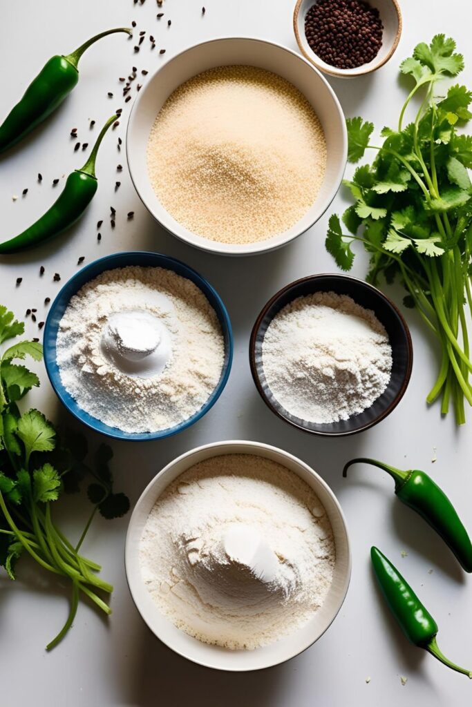 Ingredients for Swift Dosa laid out, including semolina, rice flour, and spices.