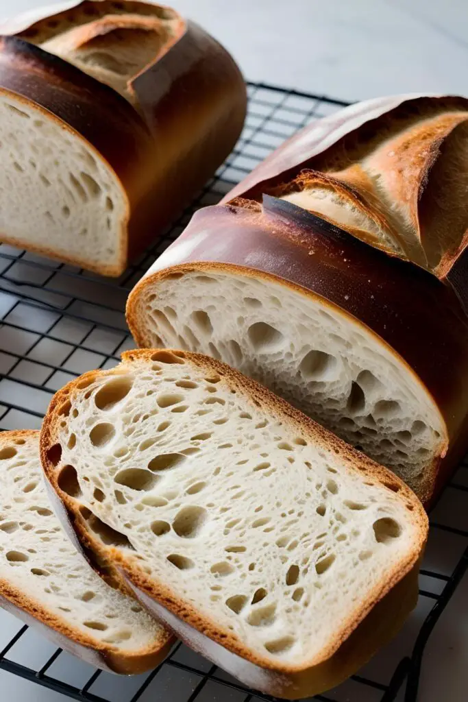"A golden-brown swift sourdough loaf resting on a wooden cutting board."