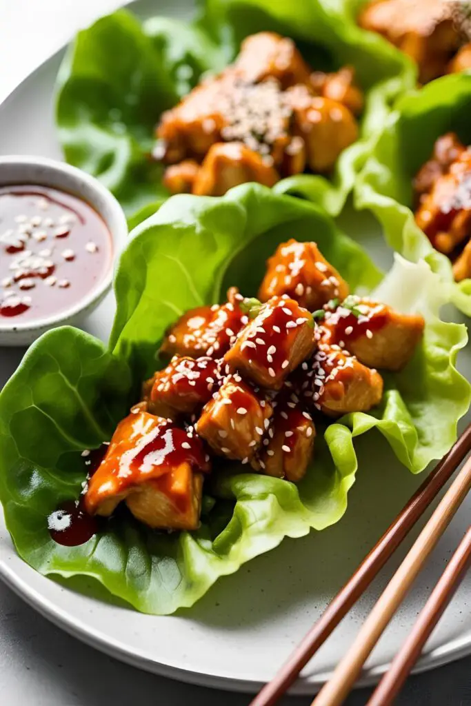 Close-up of saucy teriyaki chicken wrapped in crisp lettuce, garnished with sesame and scallions