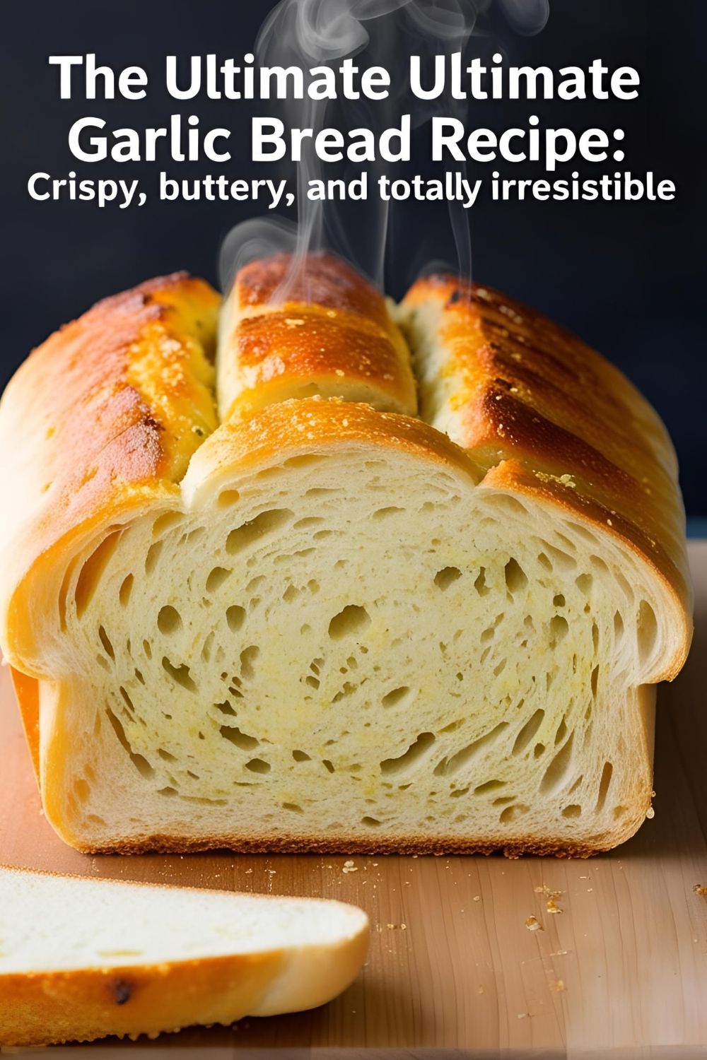 A loaf of crispy, buttery garlic bread sliced open, showcasing its golden crust and soft interior.