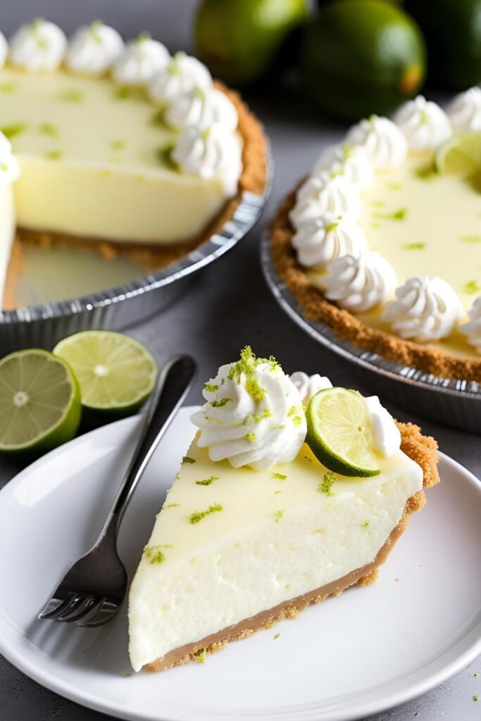 Close-up of a key lime pie slice with a forkful taken out.