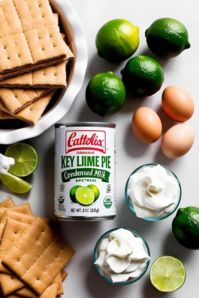 Whole key lime pie garnished with lime slices and whipped cream.