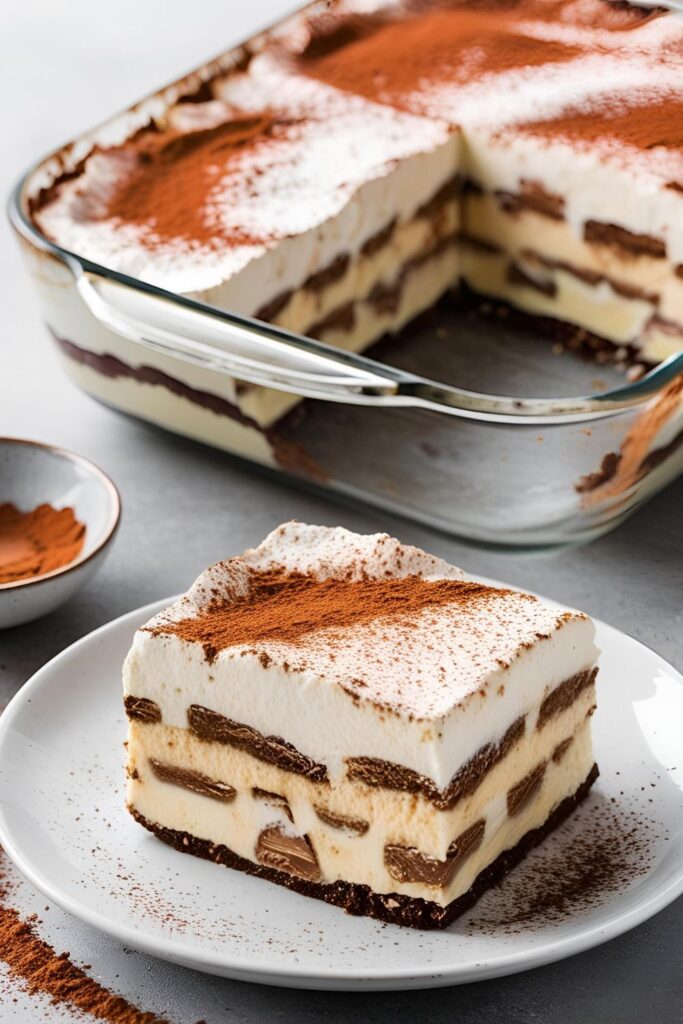 Close-up of a tiramisu slice with visible layers and a dusting of cocoa powder.