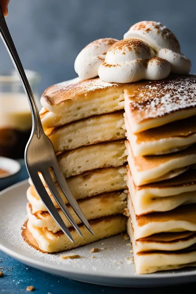 Artistic presentation of tiramisu pancakes with layers and toppings.