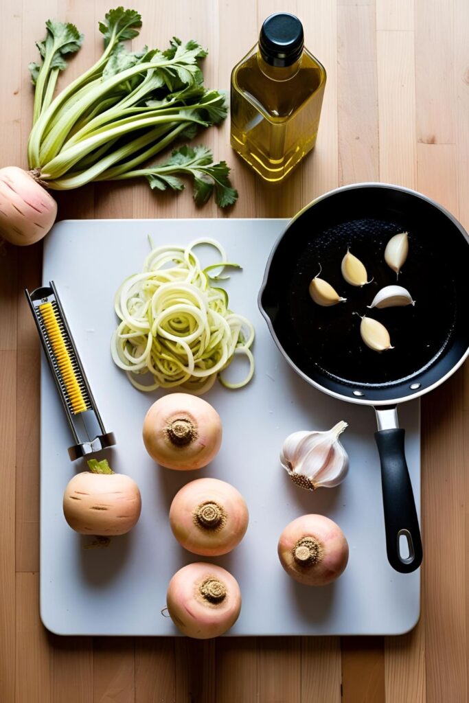 Turnip noodles served with grilled vegetables and a sprinkle of cheese.