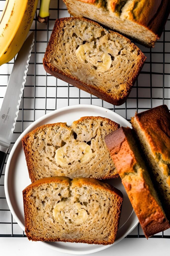 A slice of banana bread on a plate, highlighting its moist texture and golden crust.