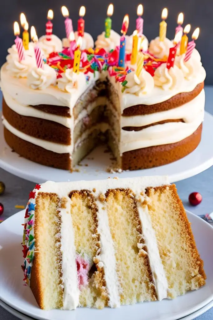 A flat lay photo of classic birthday cake ingredients—flour, sugar, butter, eggs, milk, and vanilla—arranged on a rustic wooden table with measuring tools and bowls.