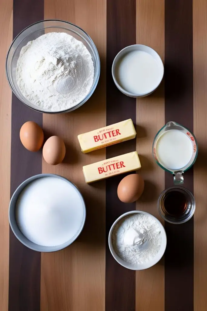 A flat lay photo of classic birthday cake ingredients—flour, sugar, butter, eggs, milk, and vanilla—arranged on a rustic wooden table with measuring tools and bowls.