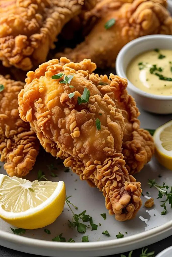 A rustic wooden table set with a basket of golden-brown buttermilk fried chicken, lemon wedges, dipping sauces, and fresh herbs, styled for a cozy dinner.