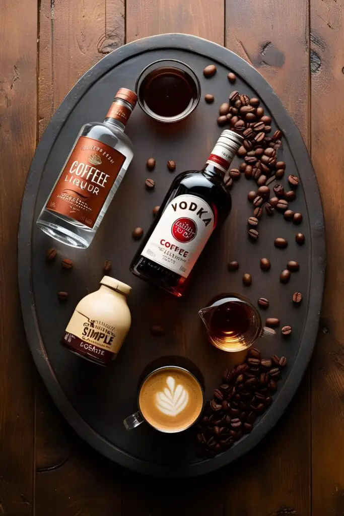  Ingredients for a coffee martini laid out on a wooden surface.