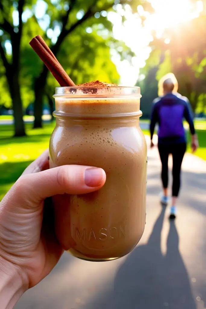  "Close-up of a frothy coffee smoothie topped with cocoa powder."