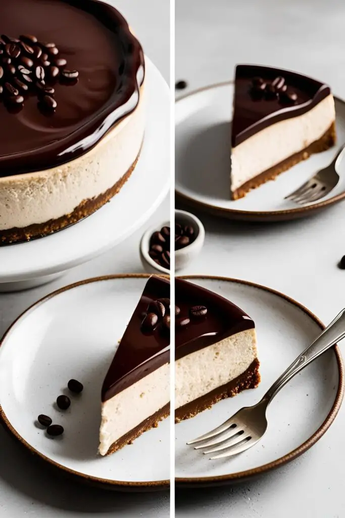 Close-up of a creamy mocha cheesecake slice with chocolate drizzle and coffee beans.
